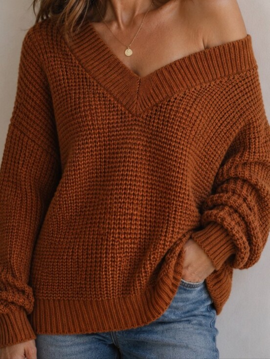 Zenana Outfitters Sweaters - Zenana Off Shoulder Slouchy Chunky Knit Over Sized Sweater Rust Brown Women's XL